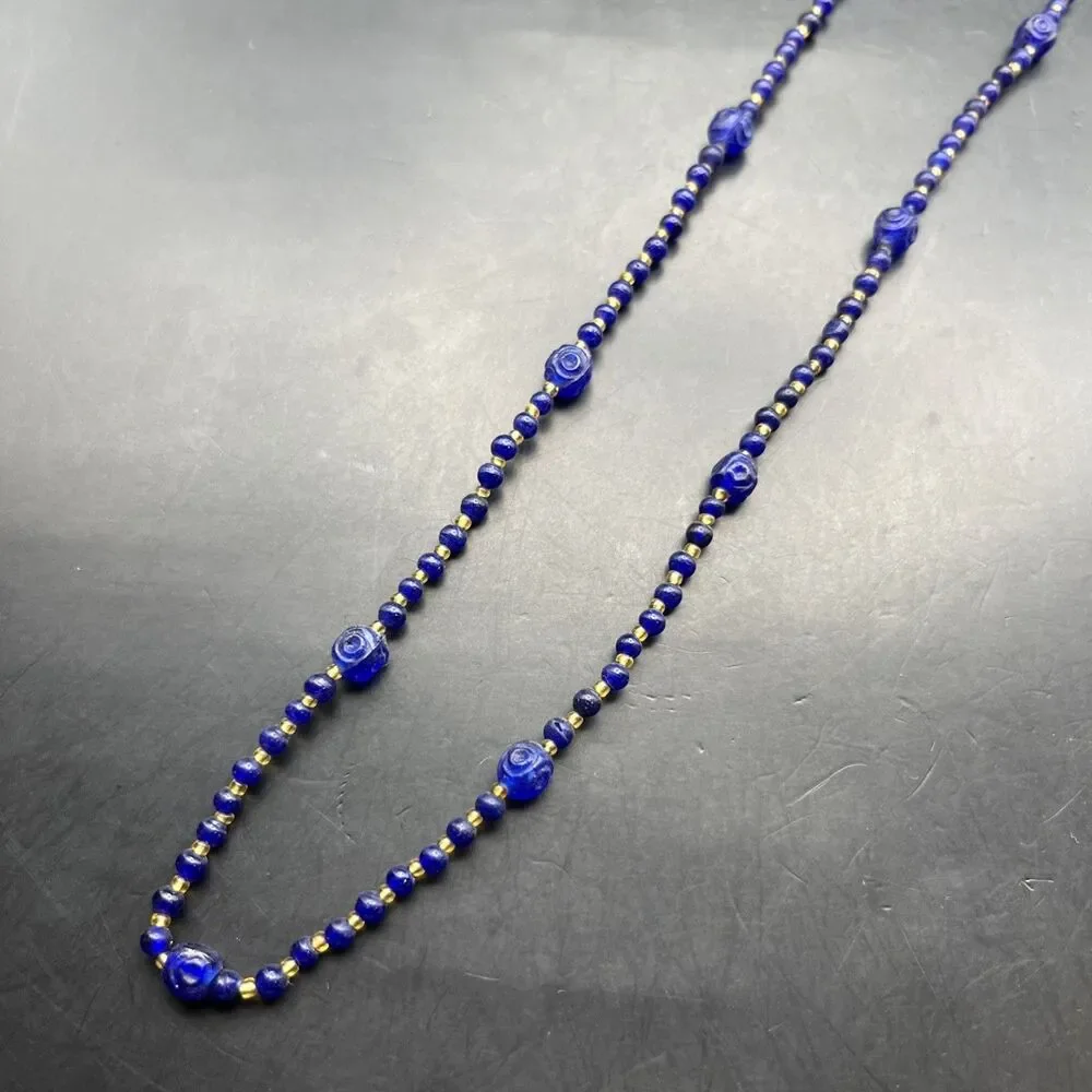 Vintage Extra Long Glass Bead Necklace Small Beads Dark Blue Gold Tone 48 Inch